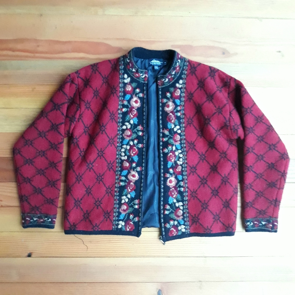 Icelandic Design Floral Embroidered Wool Cardigan